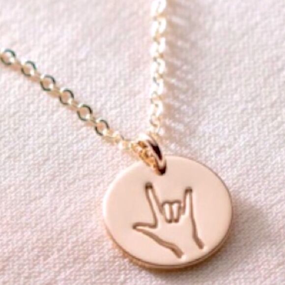 Delicate Rose Gold Tone American Sign Language ASL I Love You Necklace NWT - Picture 1 of 9